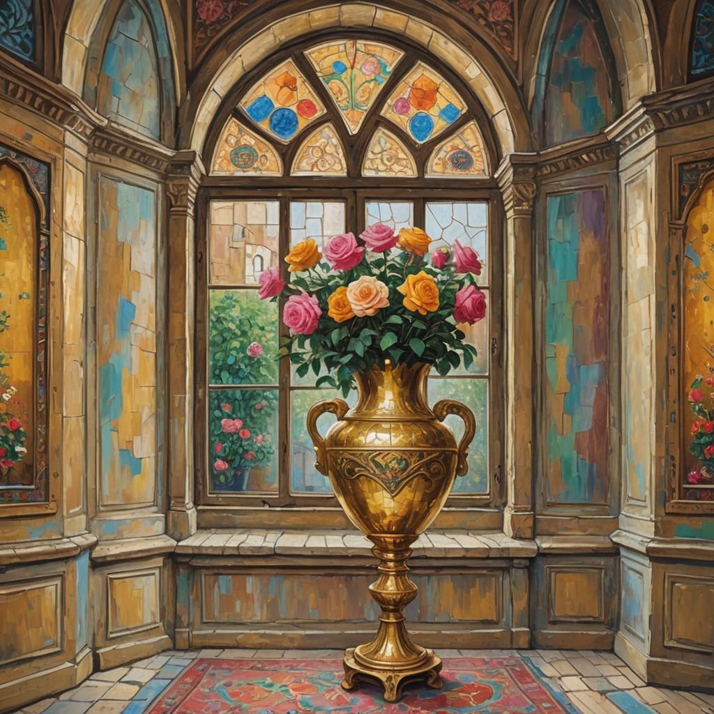 Golden Roses in 17th Century Room, as Impasto Painting