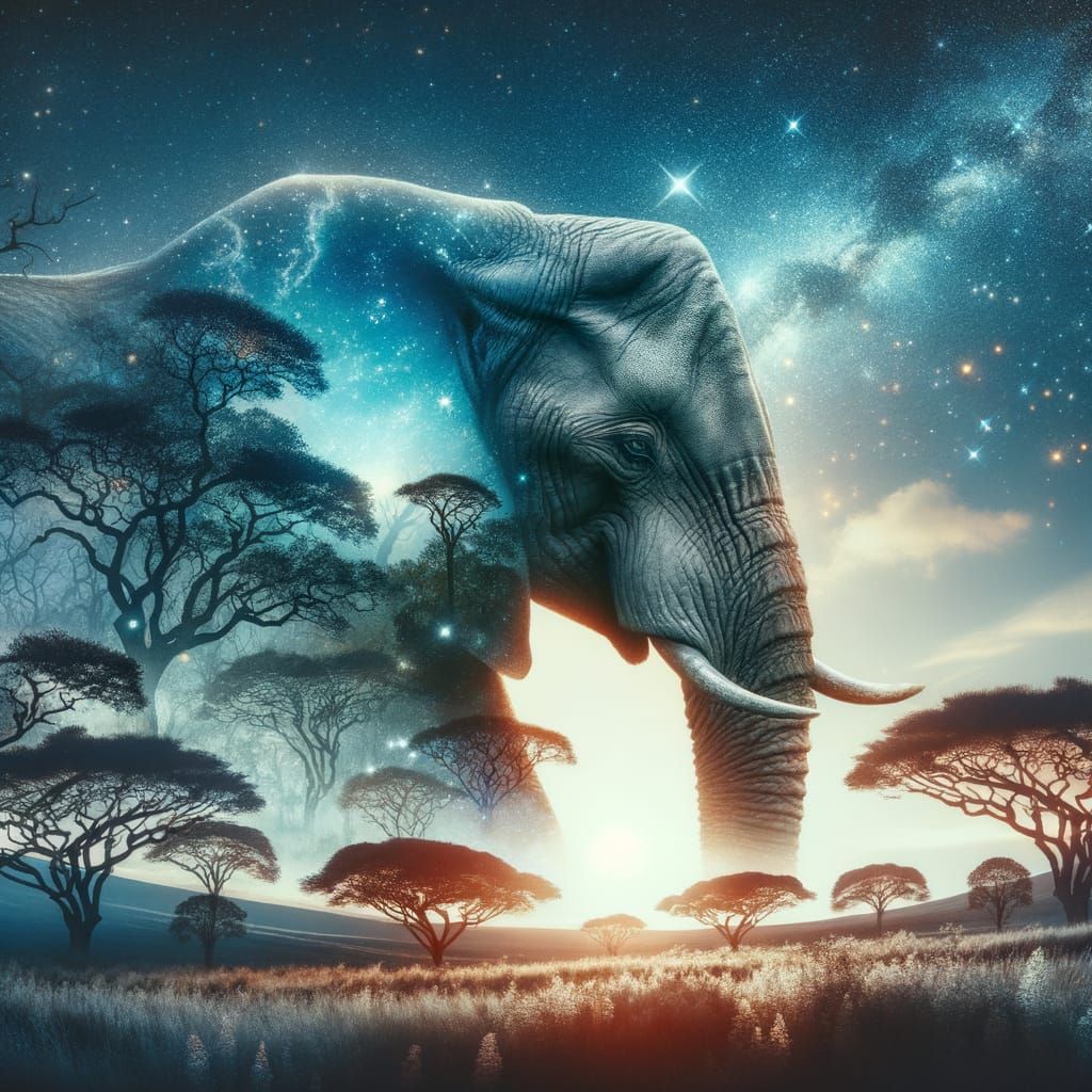 Elephant Double Exposure: Savannah and Night Magic