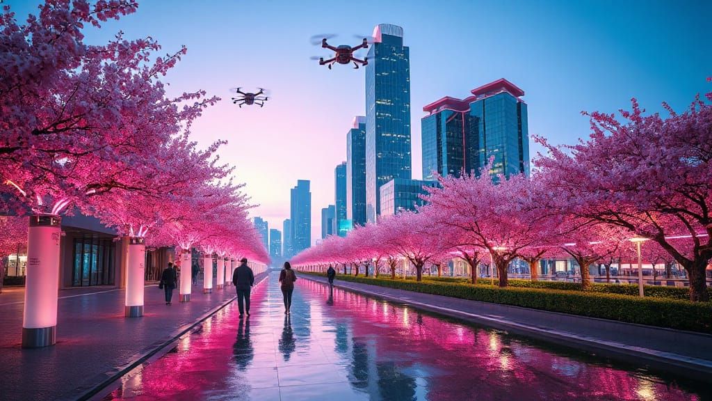 Hyper-Futuristic Cityscape in Cherry Blossom Bloom