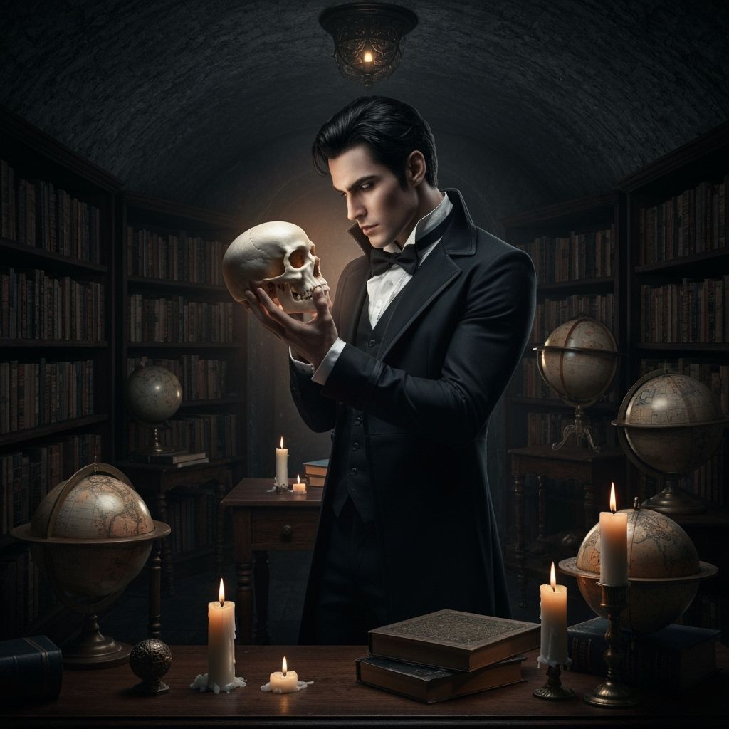 A handsome vampire lord with short black hair, dressed in a finely tailored black velvet suit, stands in a hidden underg...