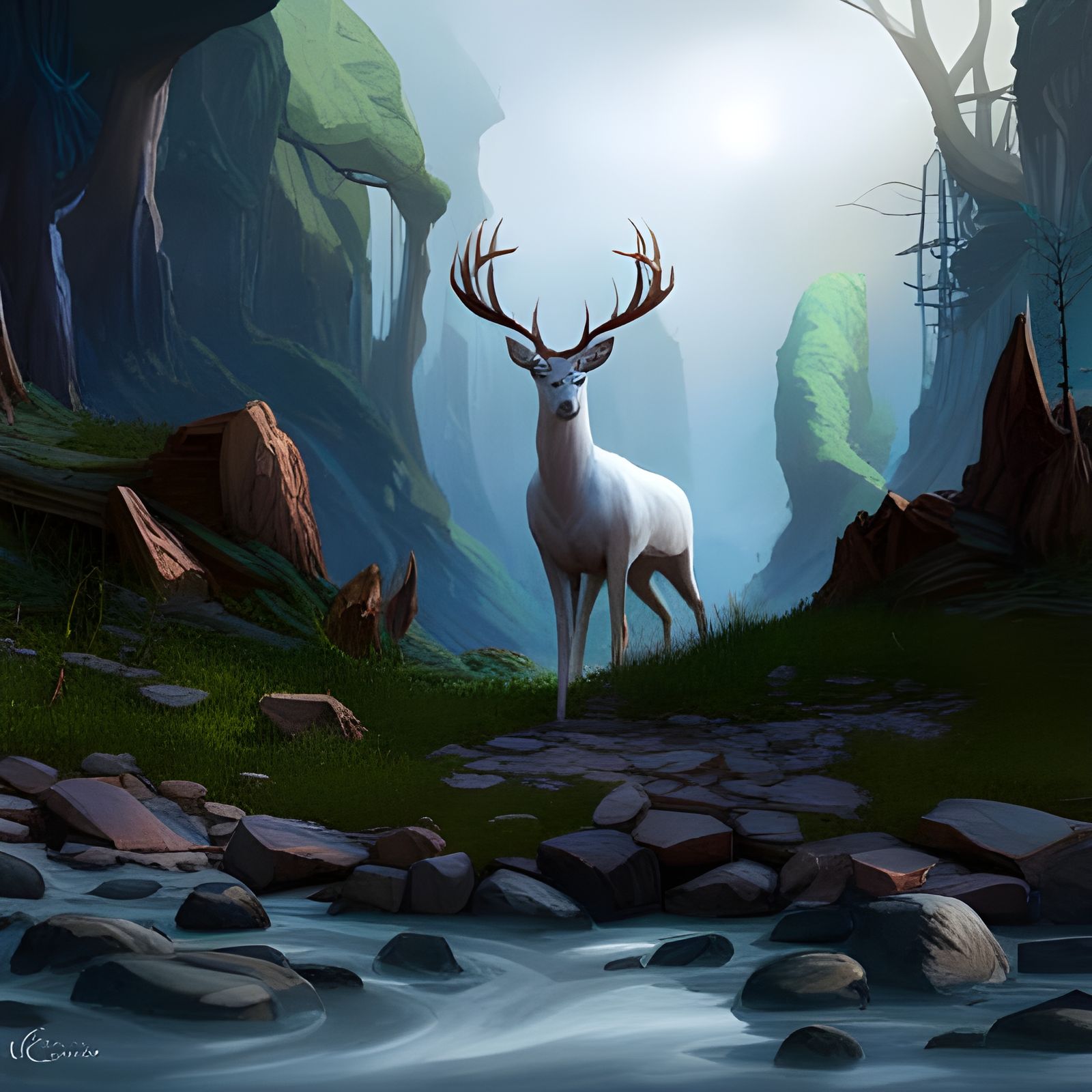 Majestic White Deer in Dark Fantasy Landscape