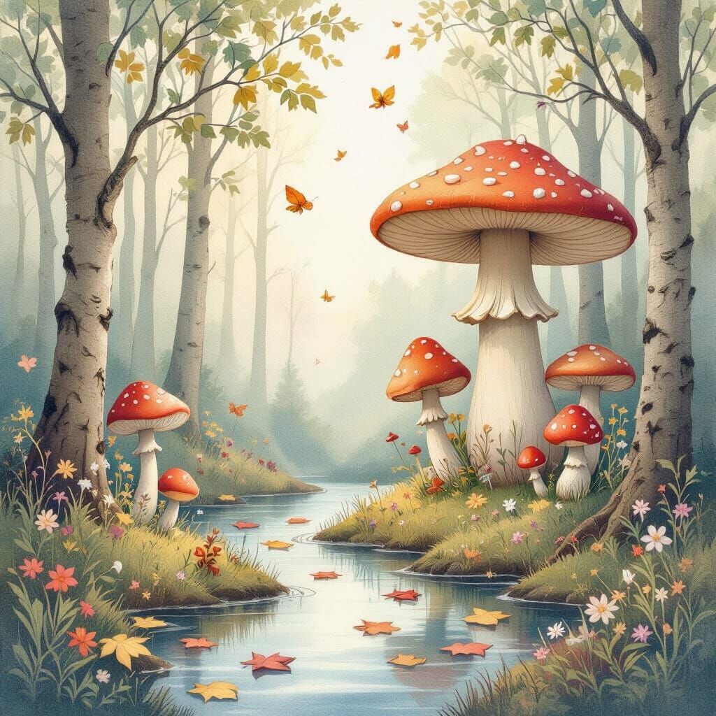 Enchanted Forest with Floating Leaves in Watercolor Style