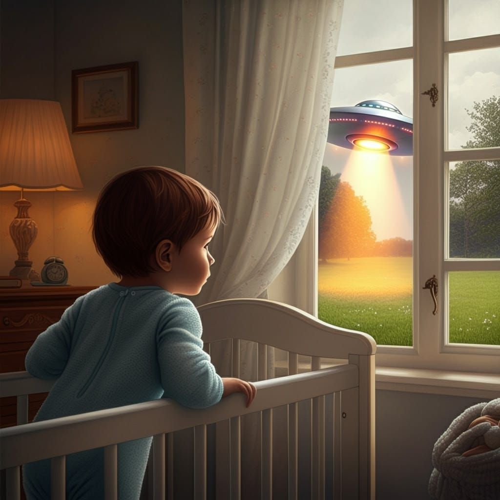 Serene UFO Landing Scene in Whimsical Style