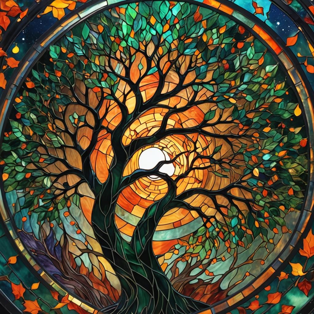 Vibrant Stained Glass Tree in Circular Frame