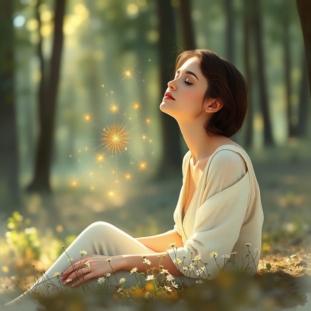 Woman in Forest Clearing Radiating Inner Peace in Watercolor...