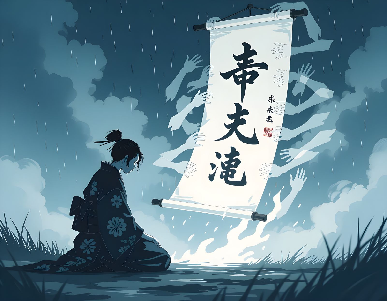 Ghostly Calligraphy Scroll in Sumi-E Surrealism