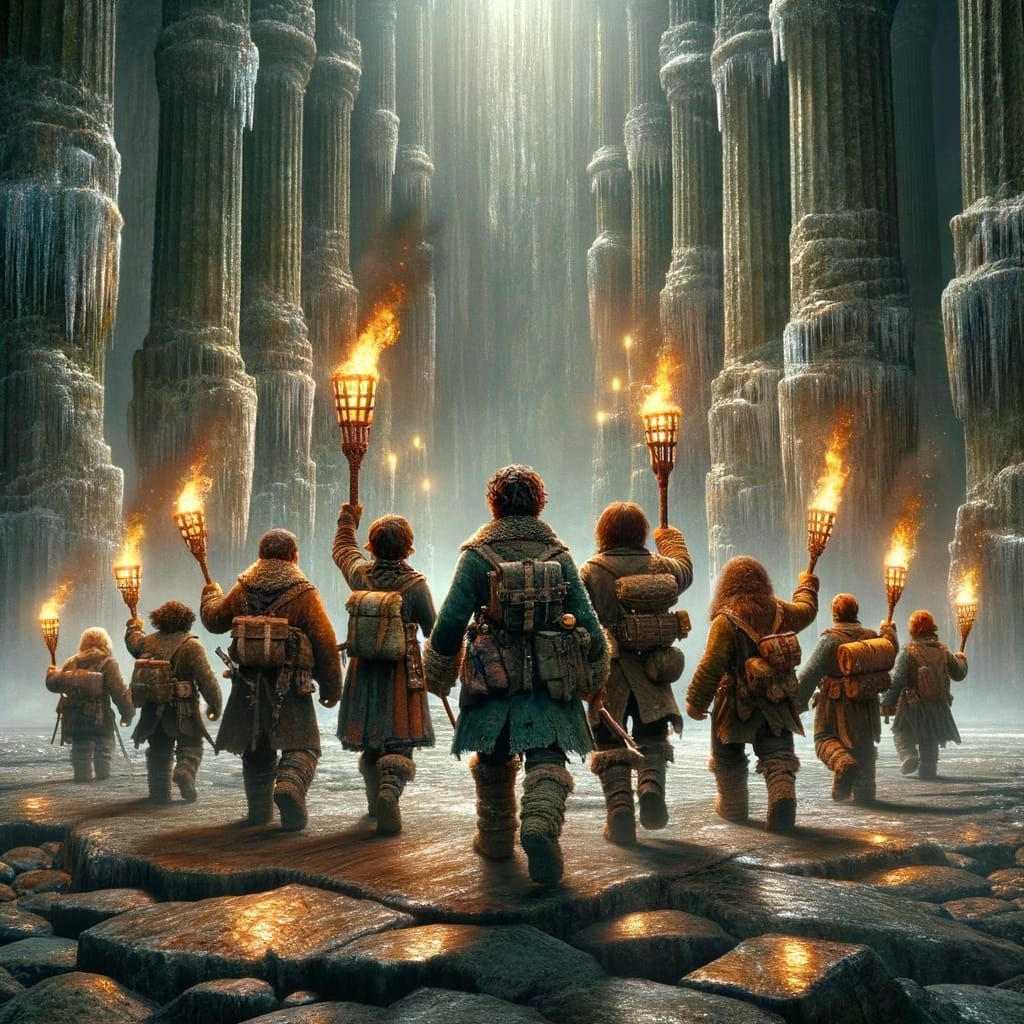 Dwarves in a Majestic Cave, Illuminated by Blazing Torches