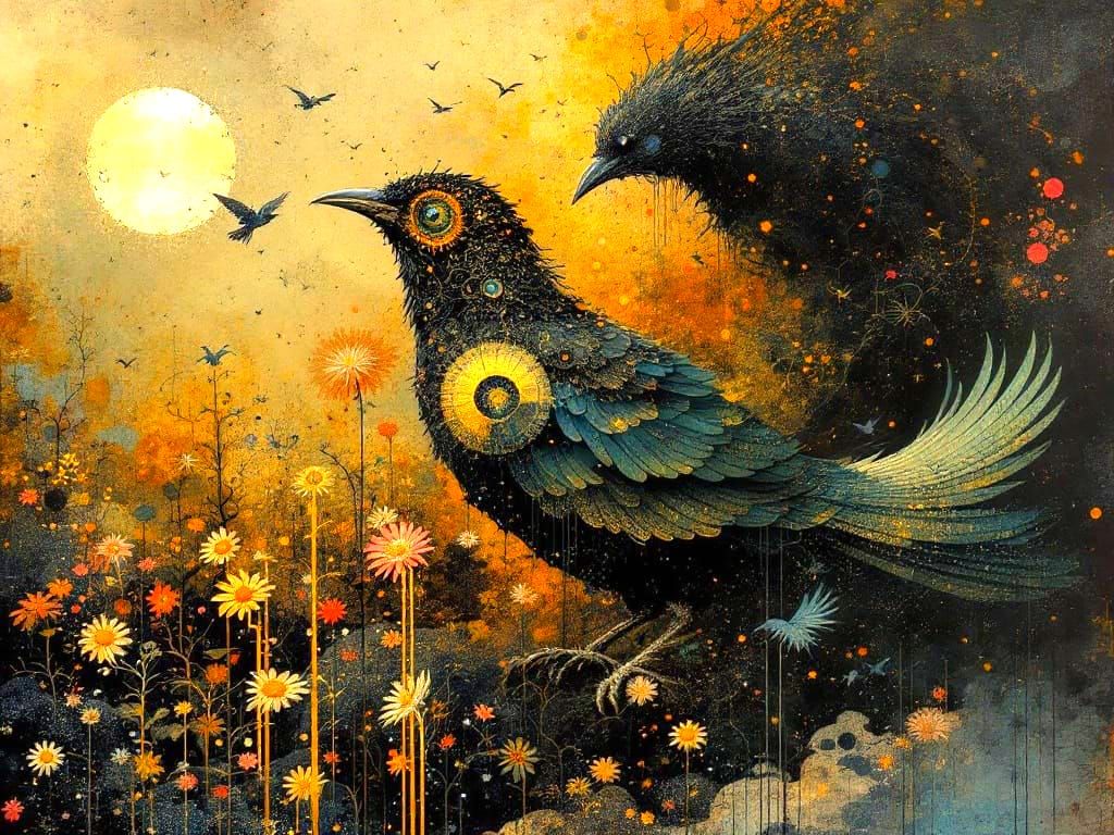 Spiritual Art Deco Birds in Mixed Media Glitchcore