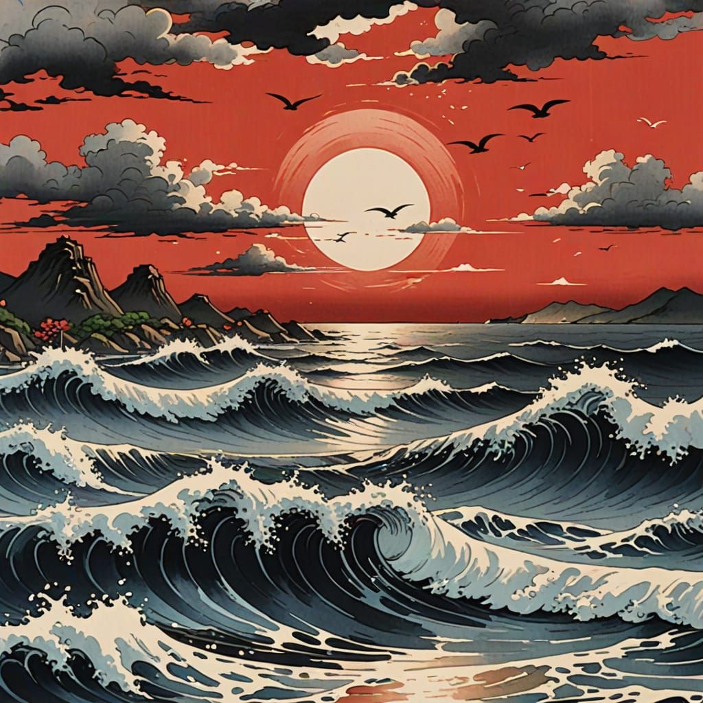Seagulls Admire Red Horizon Waves in Japanese Art Style