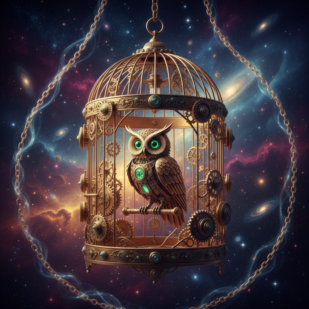Steampunk Birdcage with Clockwork Owl in Nebula