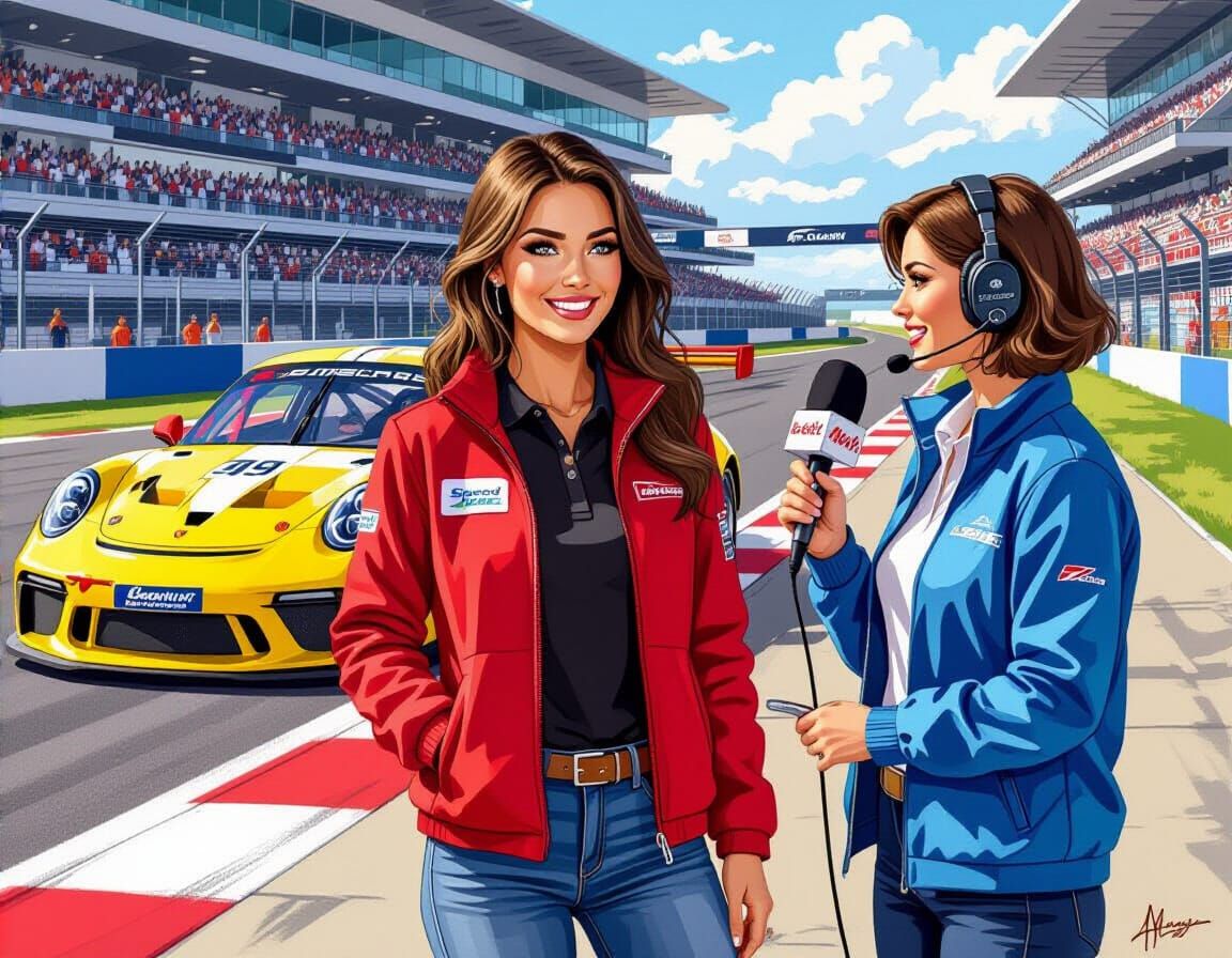 Race Car Driver Interviewed in Pit Lane