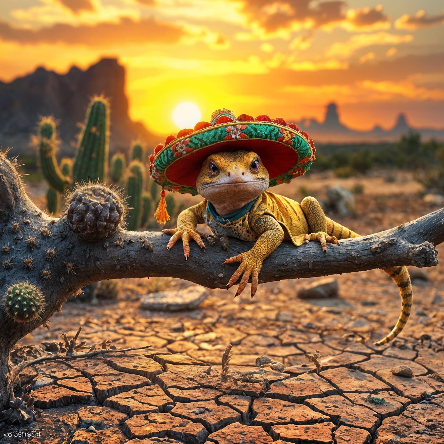 Grumpy Gecko in Sombrero on Cactus in CGI Style