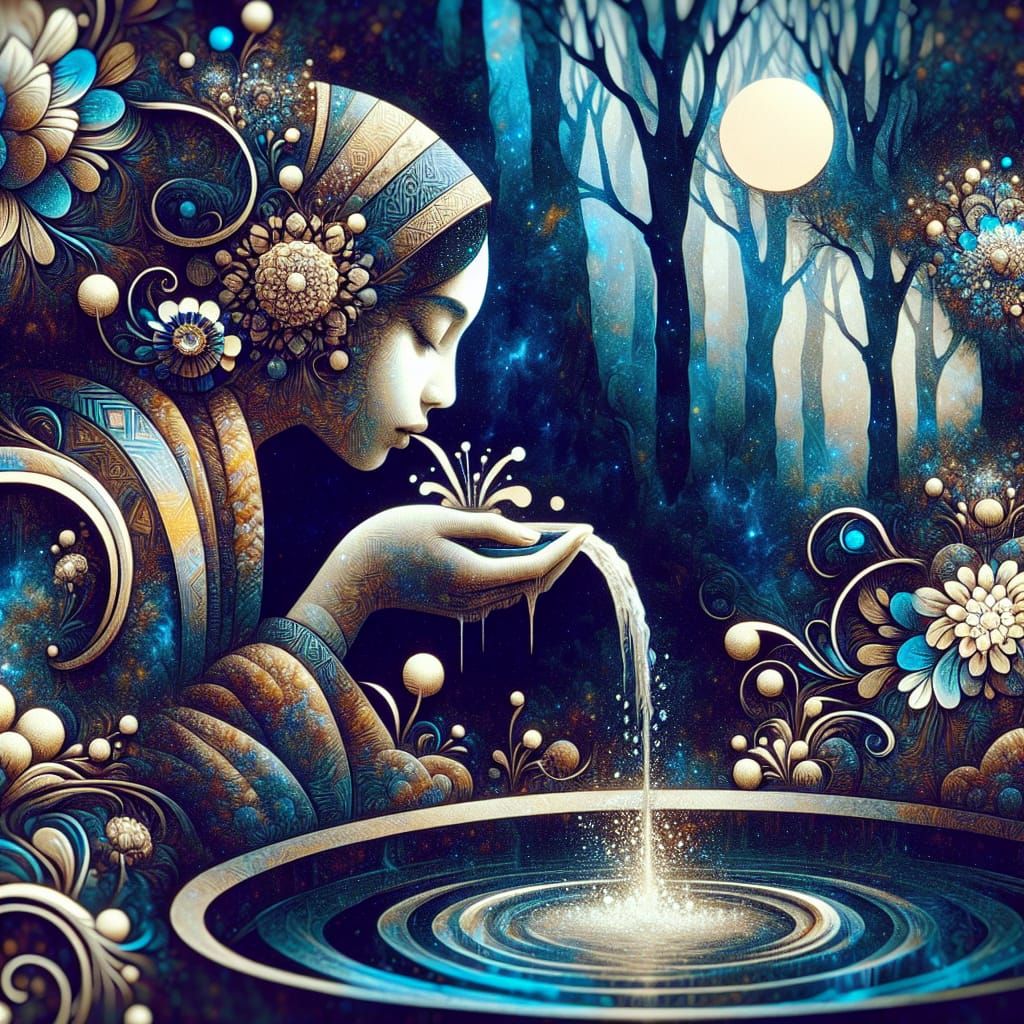 Enigmatic Woman Sipping at Forest Fountain in 3D