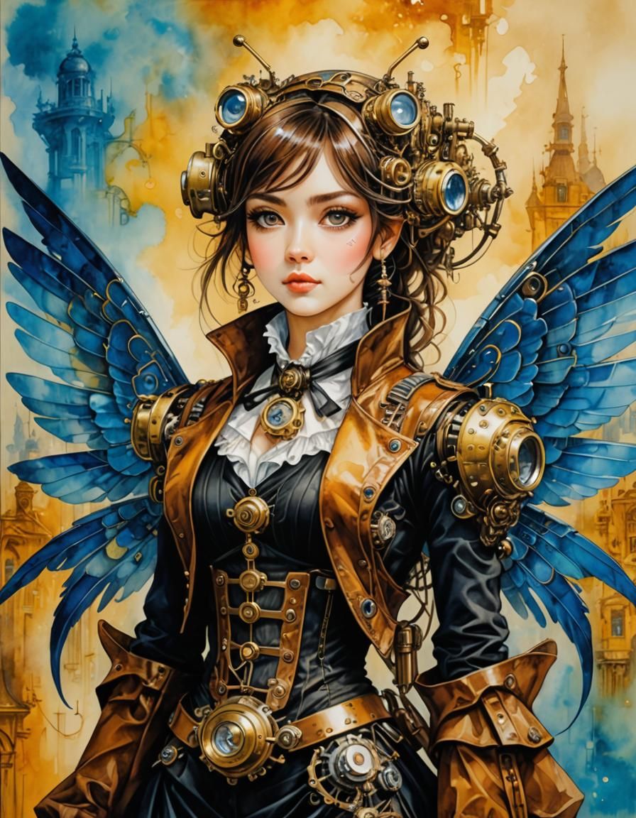 Steampunk Lady with Mechanical Wings Watercolor Art