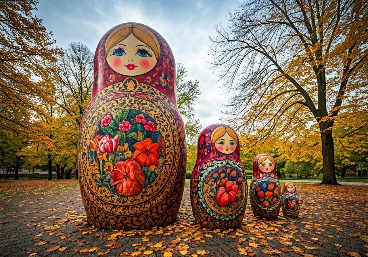 Outdoor Nesting Doll Installation in Autumn