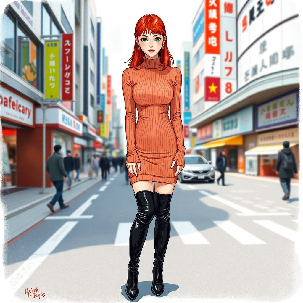 Japanese Woman in Mini Dress: Color Pencil Fashion Sketch