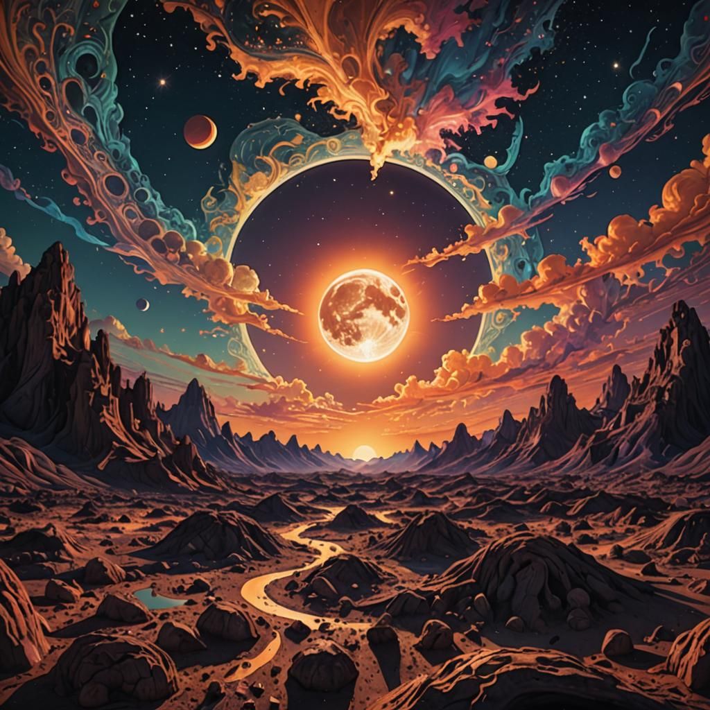 Trippy Space Scene: Sun Rise and Moon Set