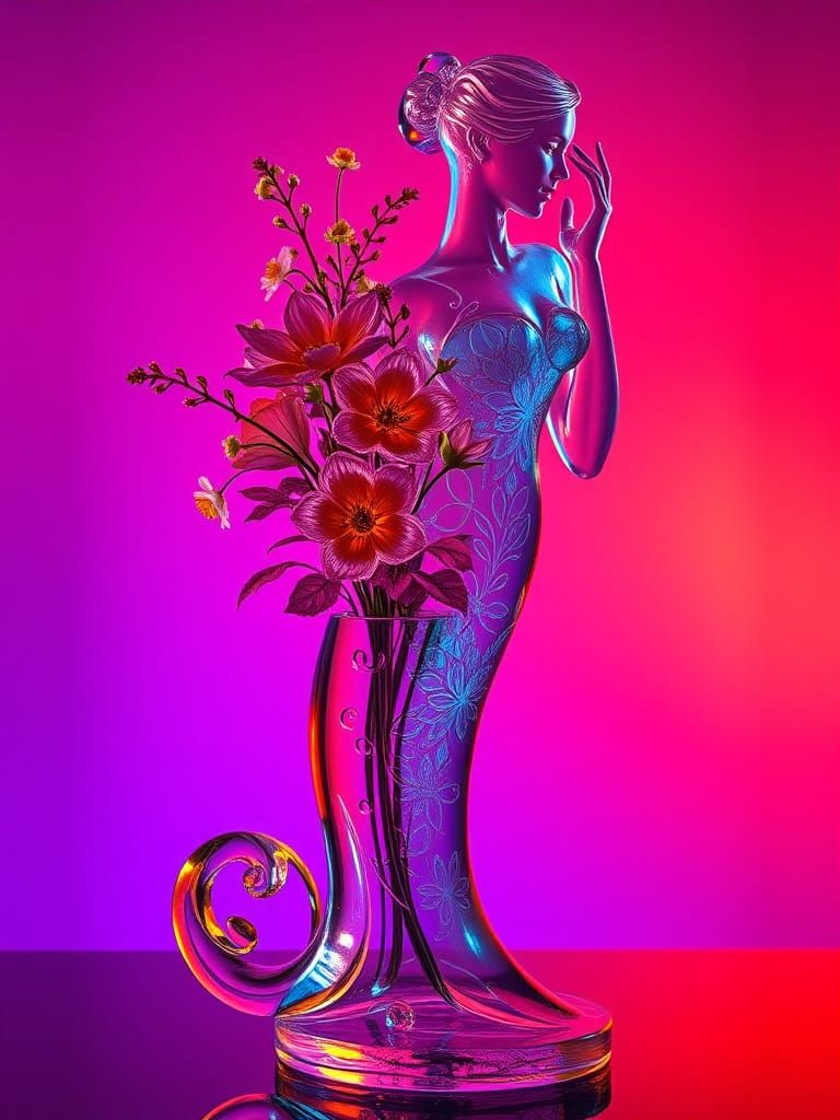 Luxurious Transparent Woman Statuette with Neon Flowers