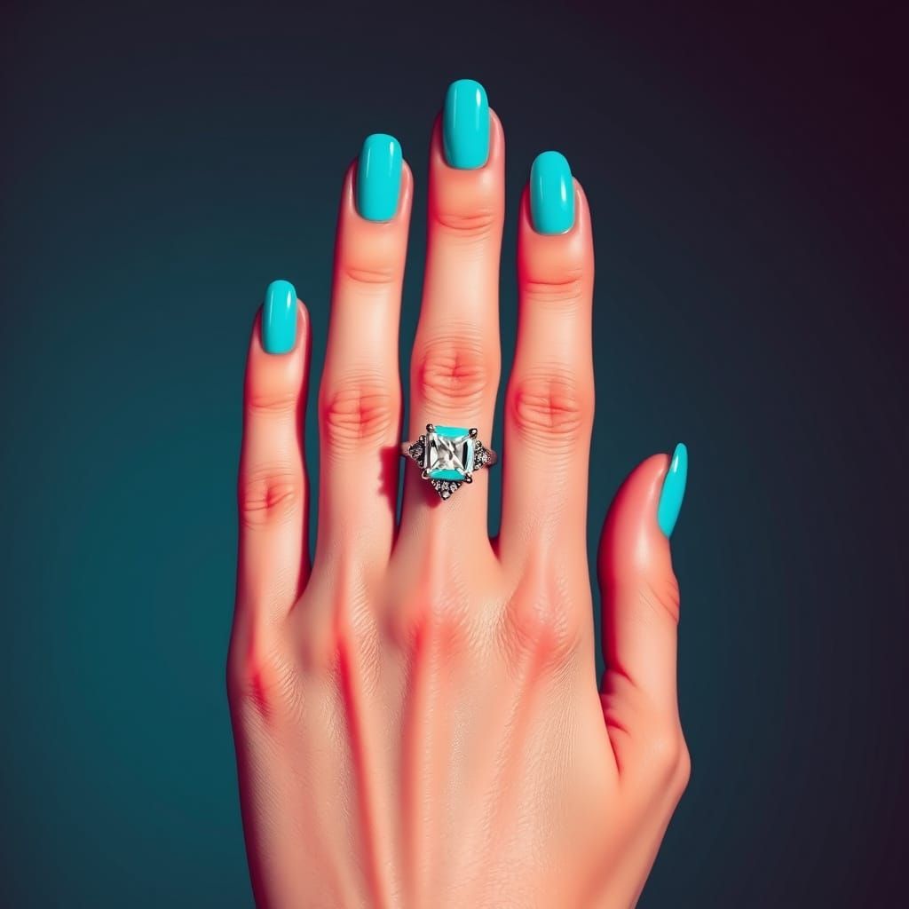 Turquoise Nails and Diamond Ring in Modern Style