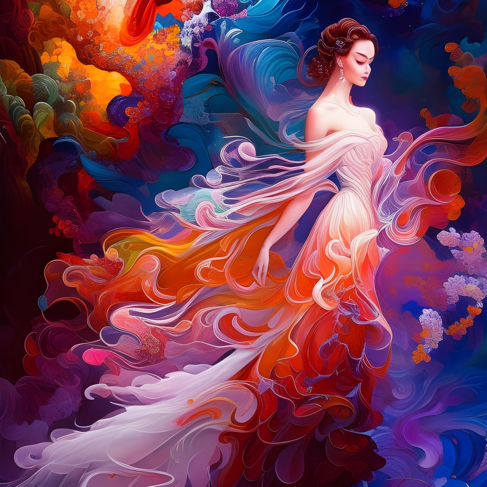 Ethereal Woman in Gossamer Gown, Detailed Digital Art