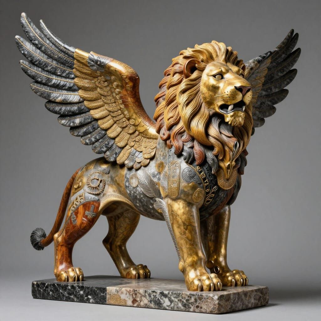 Winged Lion Sculpture Blending Earth and Precious Metals