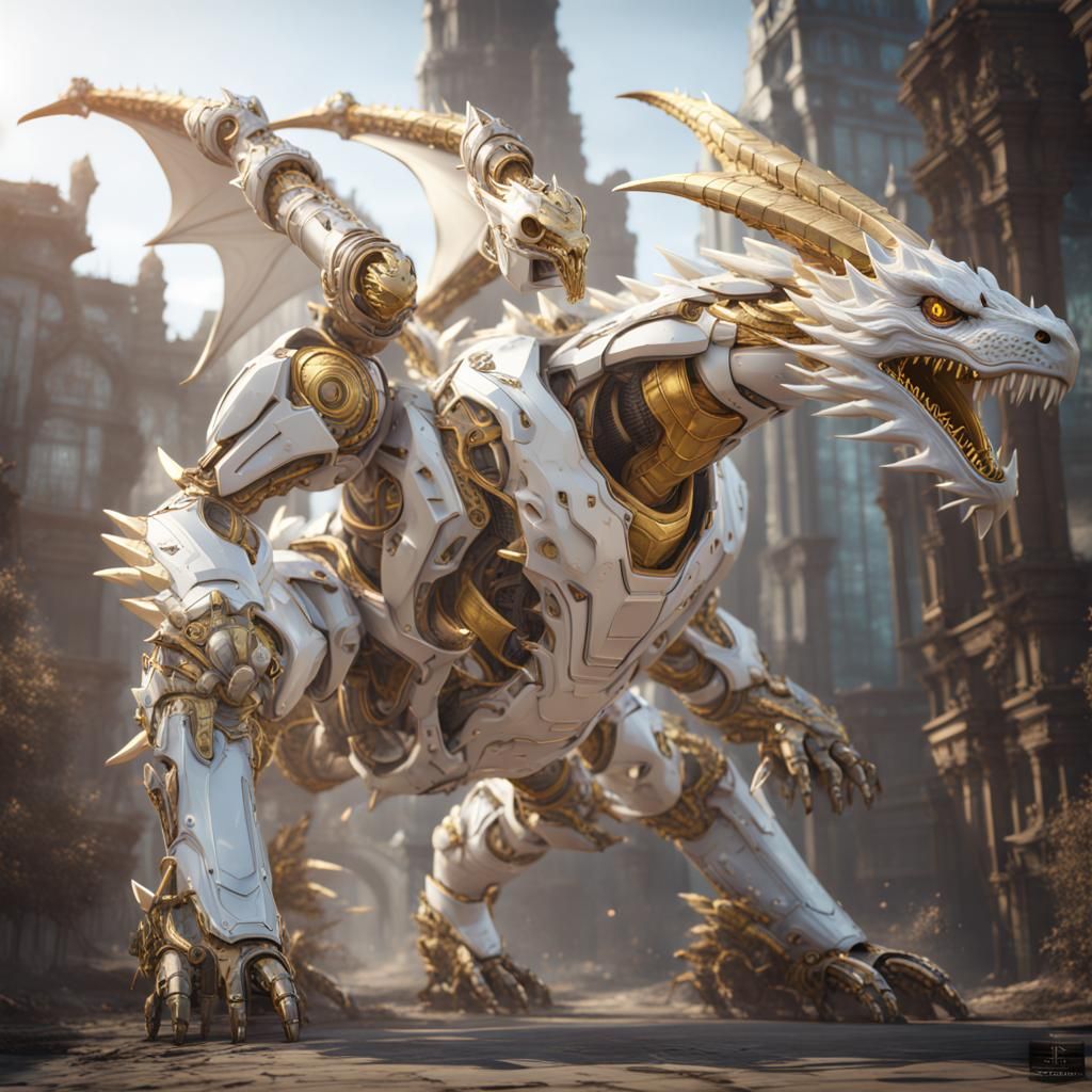 Giant Dragon Robot with Gold Streaks