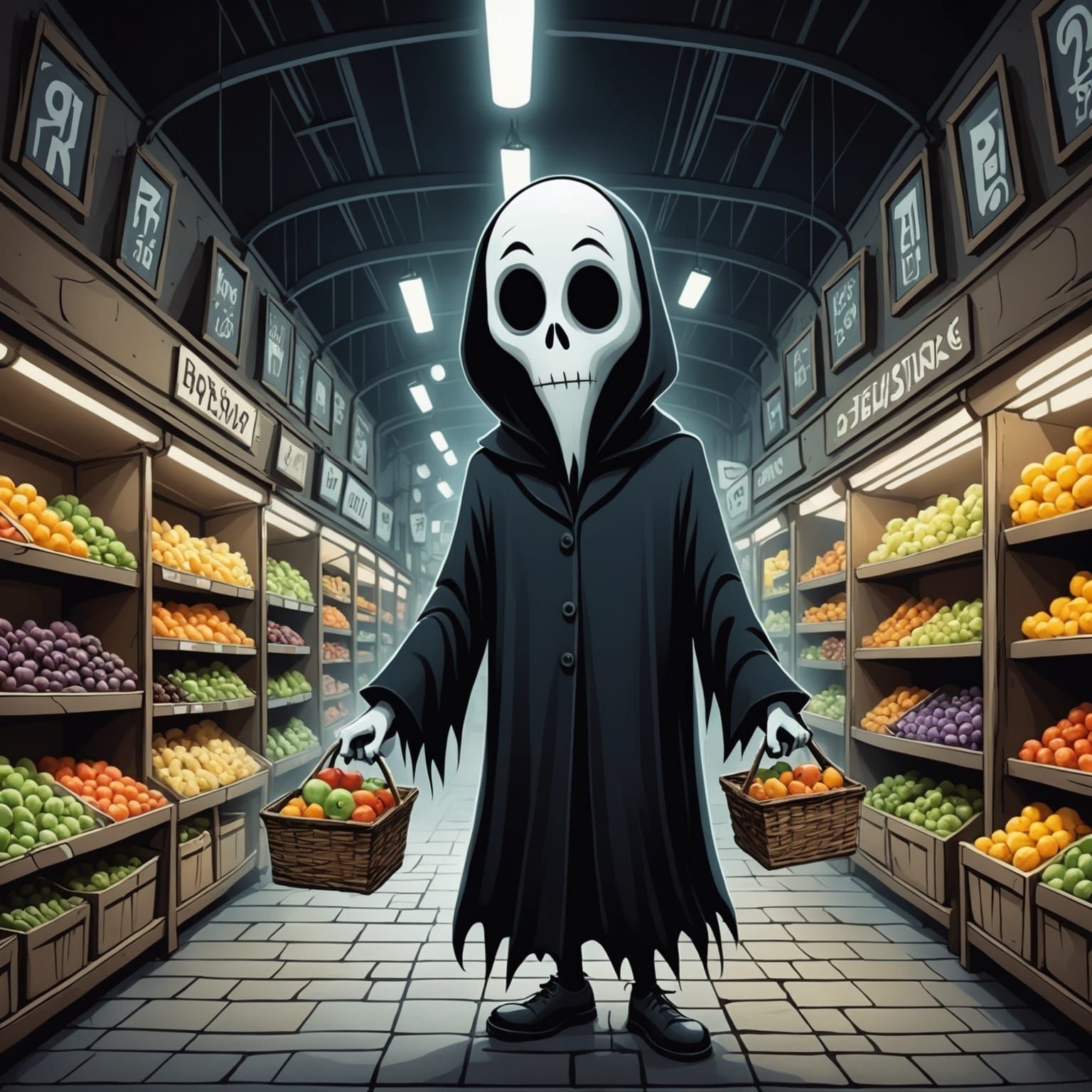 Ghost Market Shopping in Tim Burton Cartoon Style