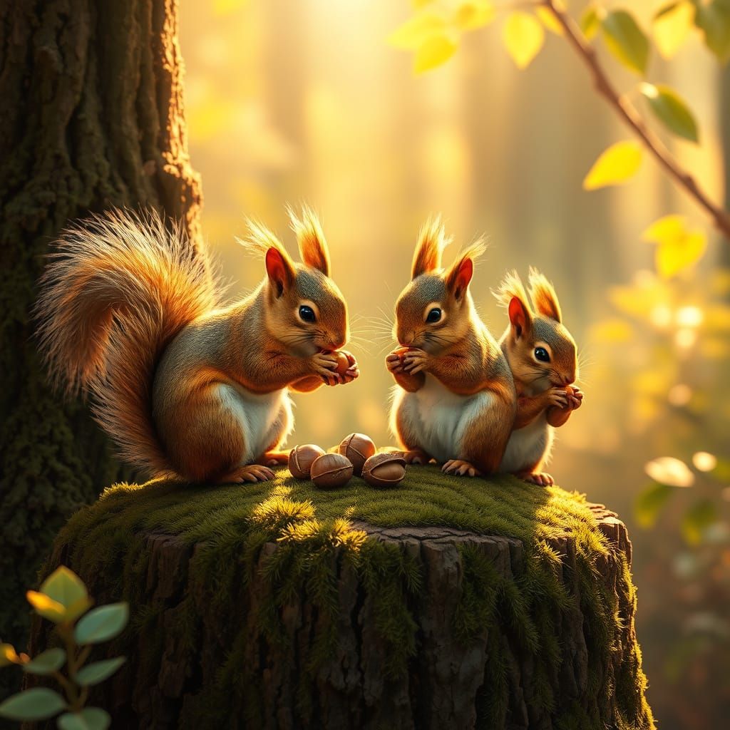 Squirrels Bask in Golden Forest Glow