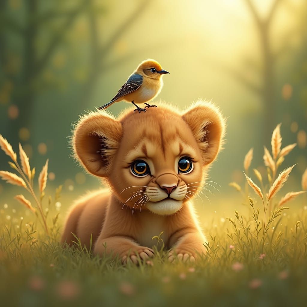 Lion Cub and Bird in Grassy Field
