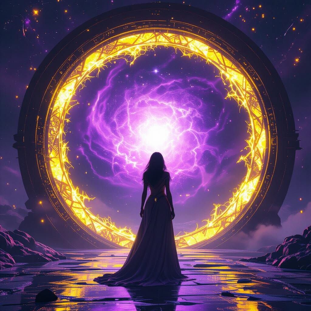 Mystical Woman at Cosmic Portal: Dark Fantasy Art