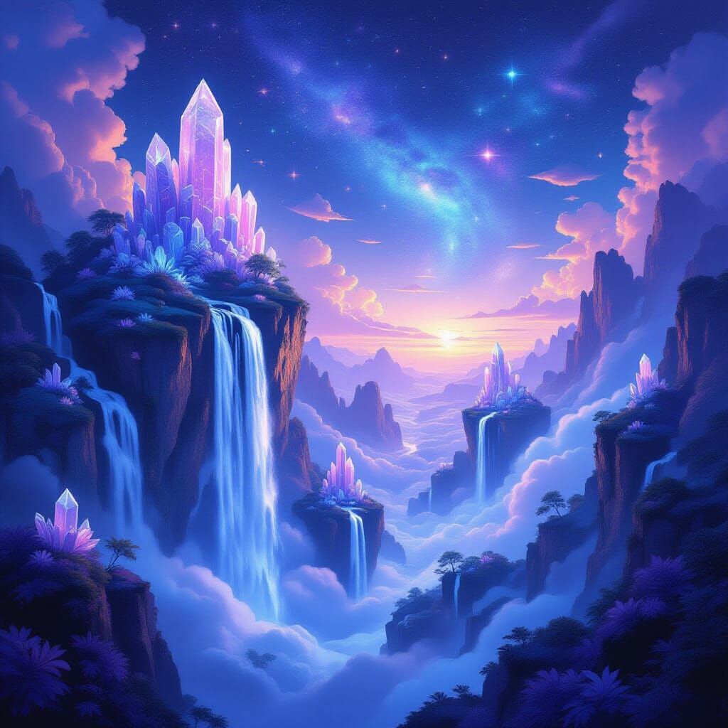 Surreal Floating Islands With Crystal Flora Under Indigo Sky