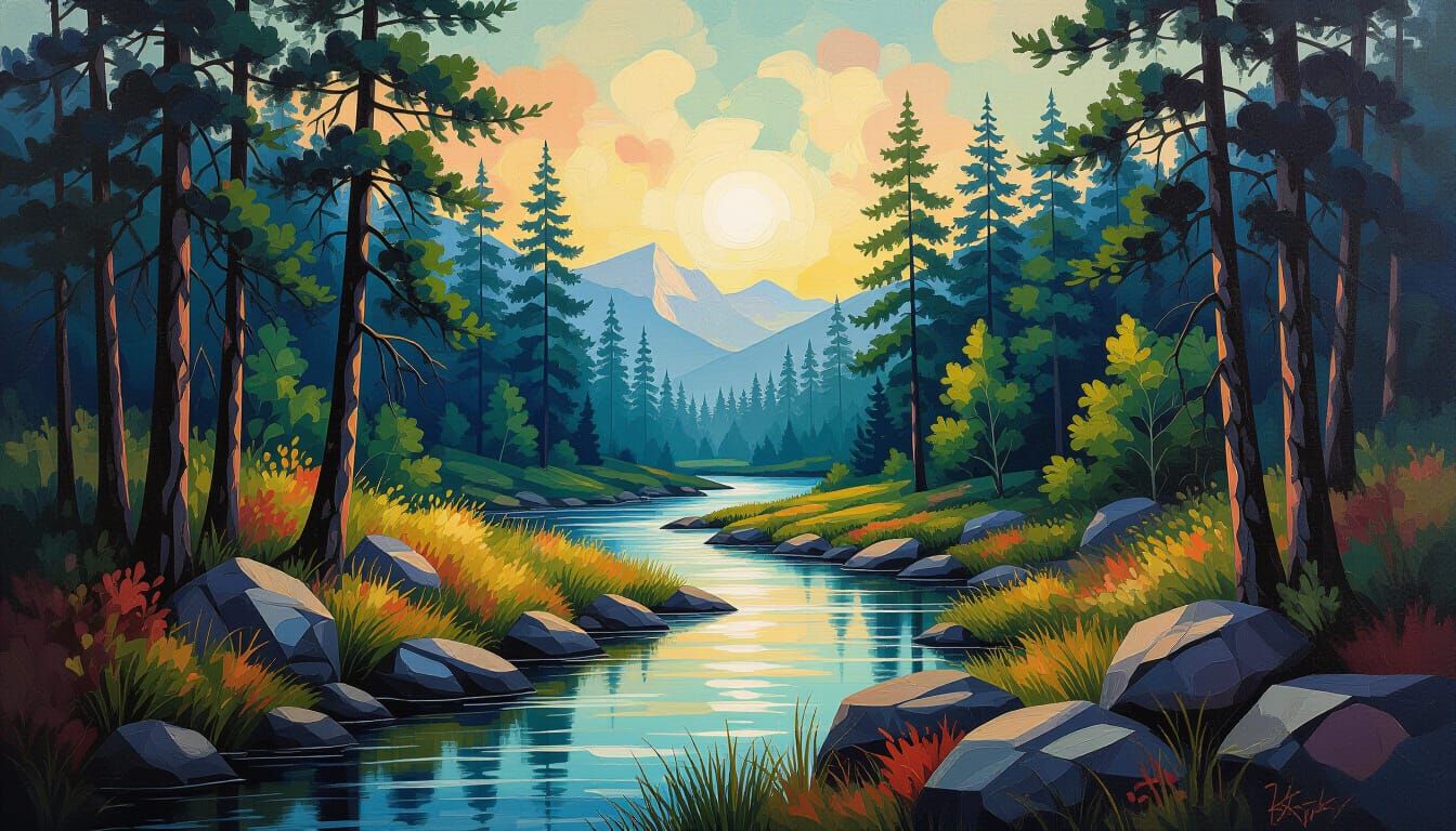 Hyperrealistic Forest Landscape with River and Grass