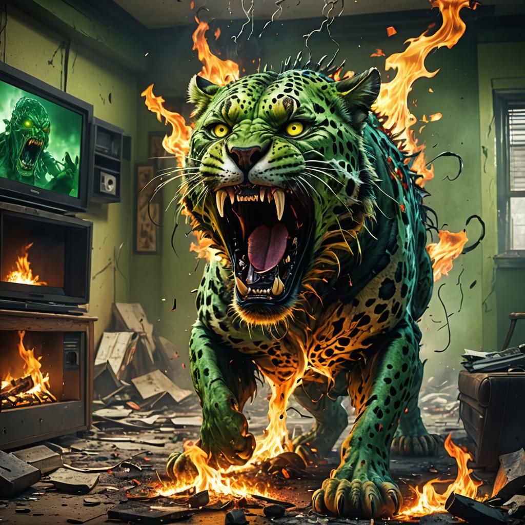 Flaming Zombie Leopard Emerging from TV