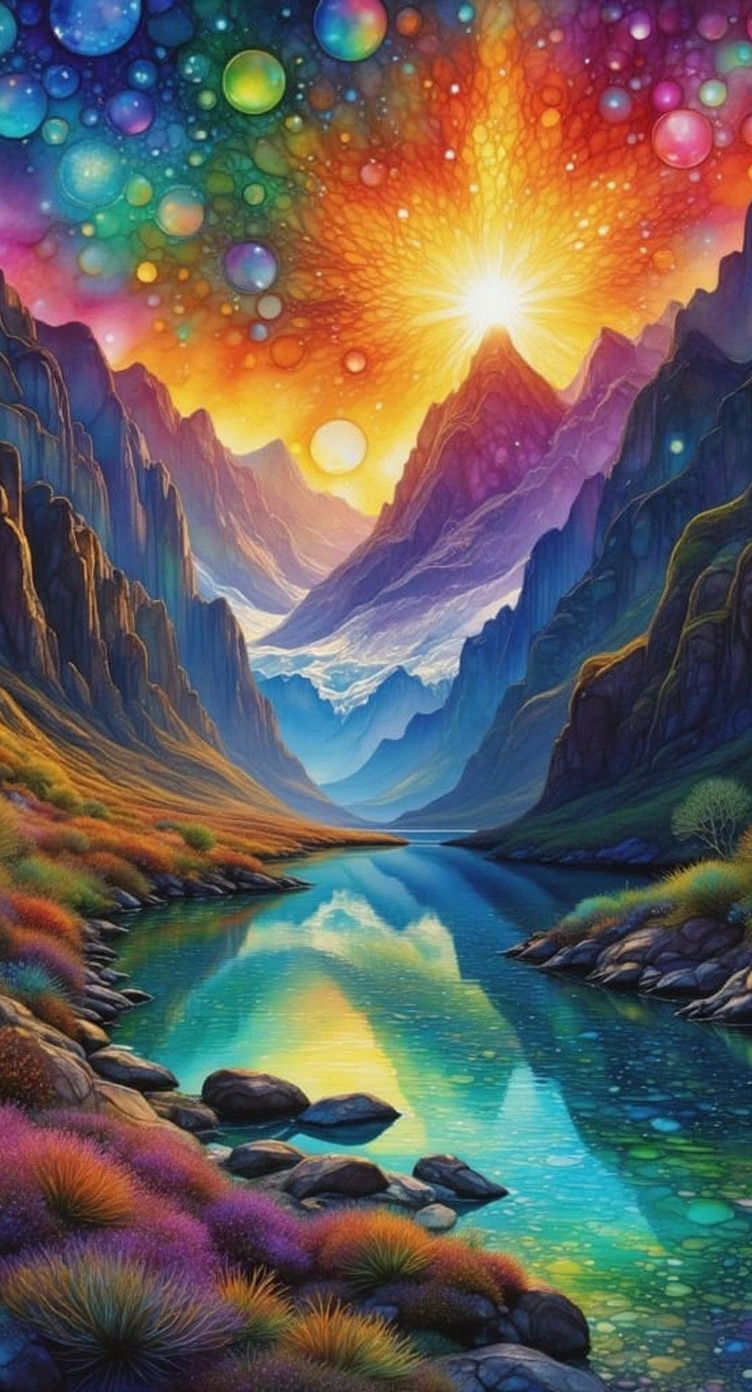 Energetic River Between Mountains with Chakra Colors