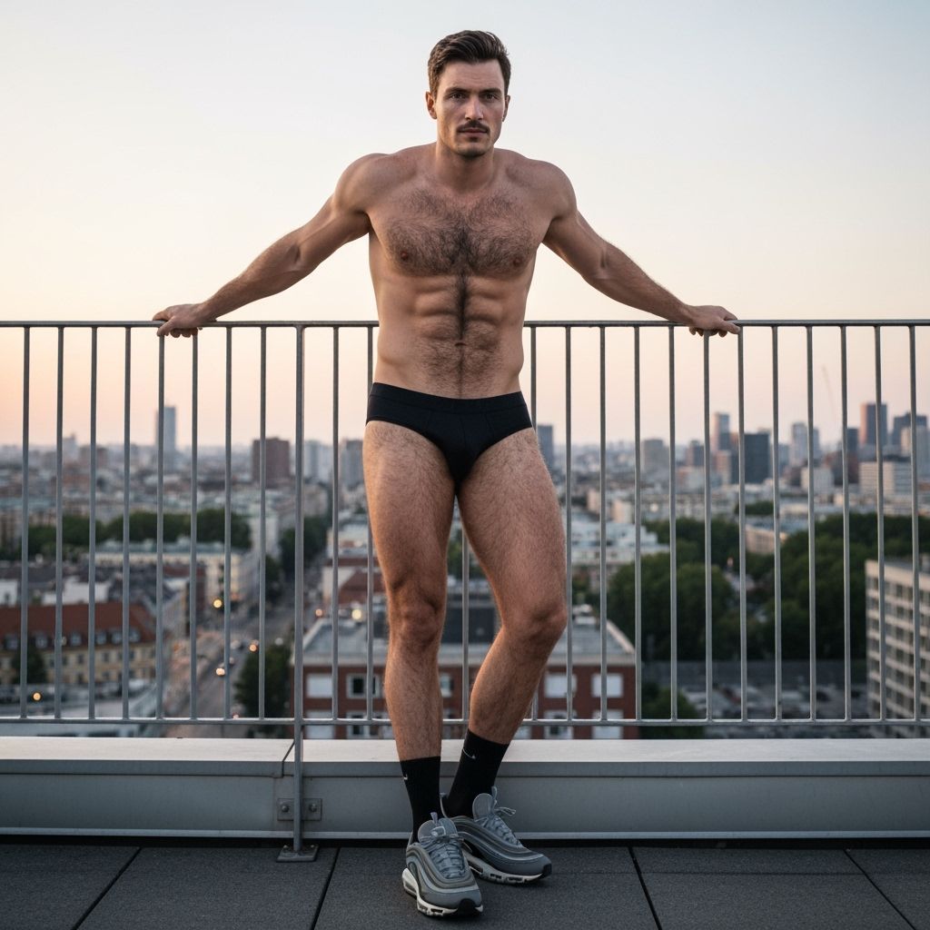 Muscular Hairy Man on Brutalist Terrace at Dusk