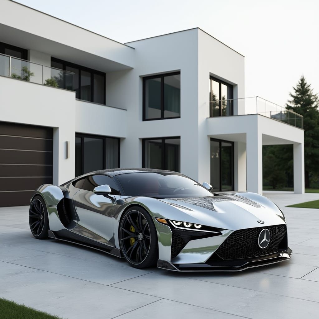Futuristic Sports Car Parked at Elegant Mansion