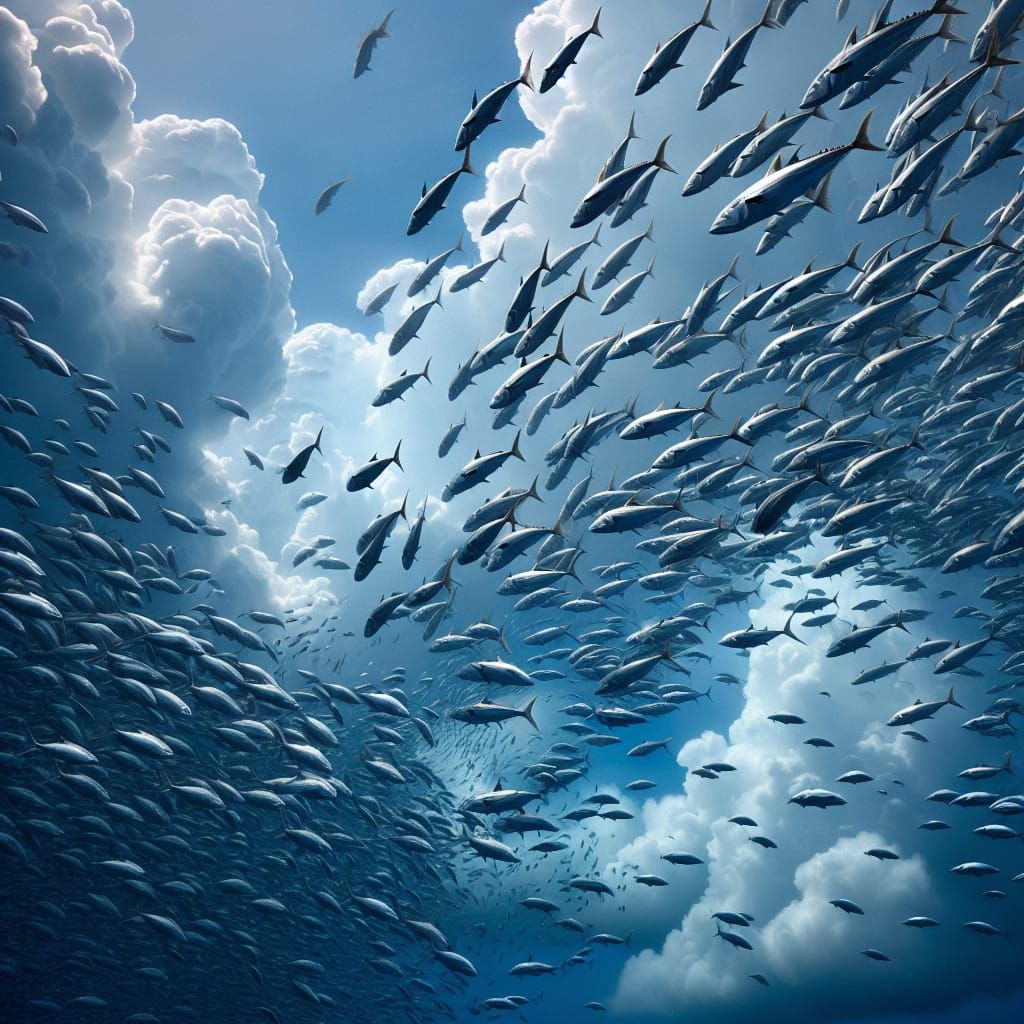 Fish School Swimming Through Clouds in the Sky