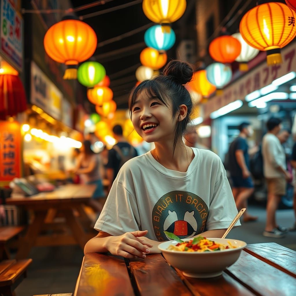 Japanese Girl Laughing in Vibrant Night Market
