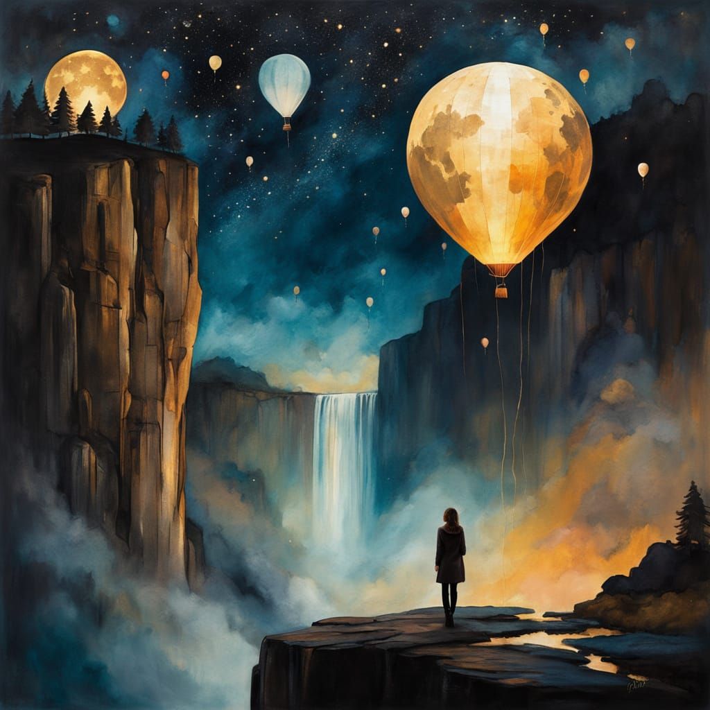 Woman Gazing at Waterfall in Dreamlike Painting