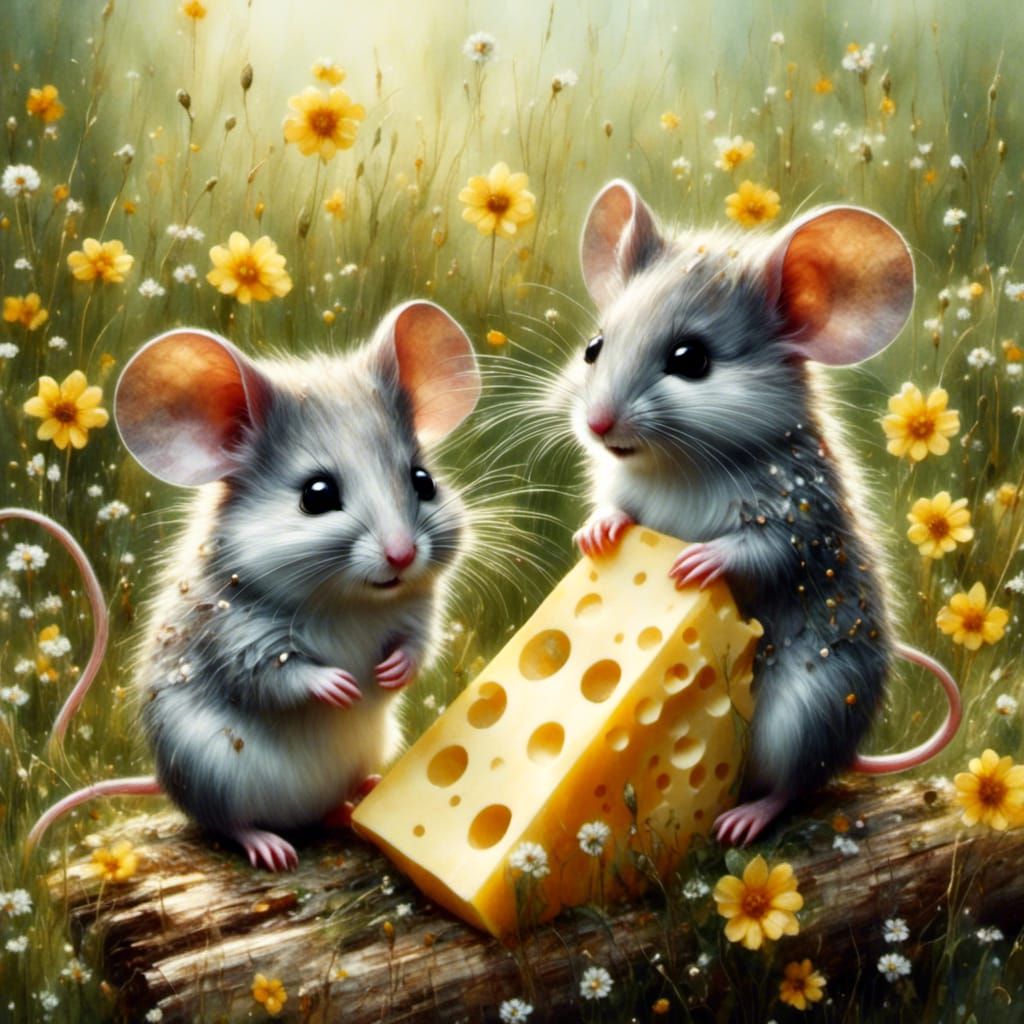 Two Mice Share Cheese in Watercolor Field