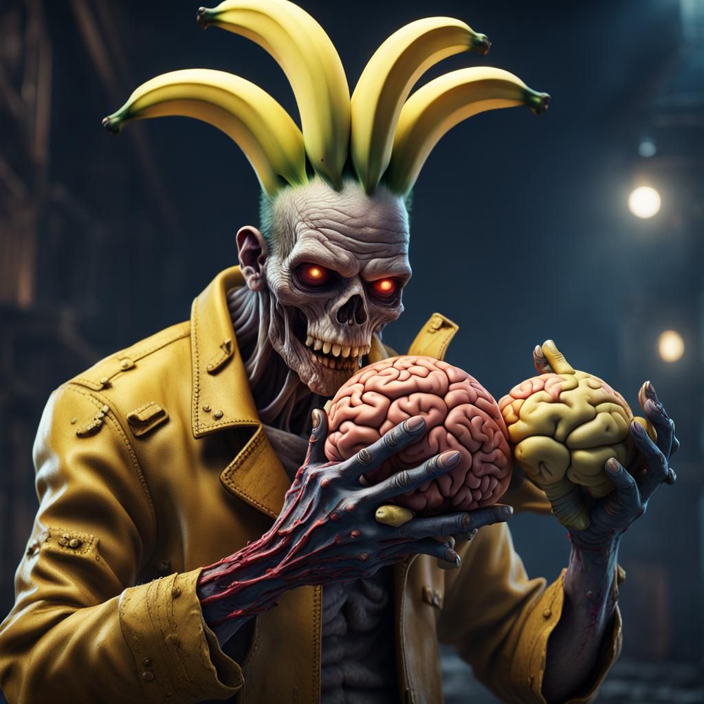 Banana Zombie Holding Brain: Detailed Fantasy Art