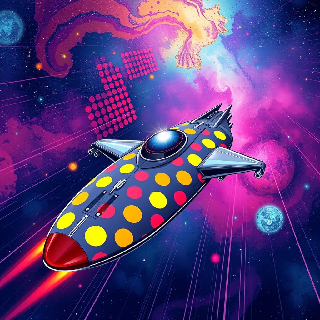 Polka Dot Spaceship Soaring Through Galaxy: Comic Book Art