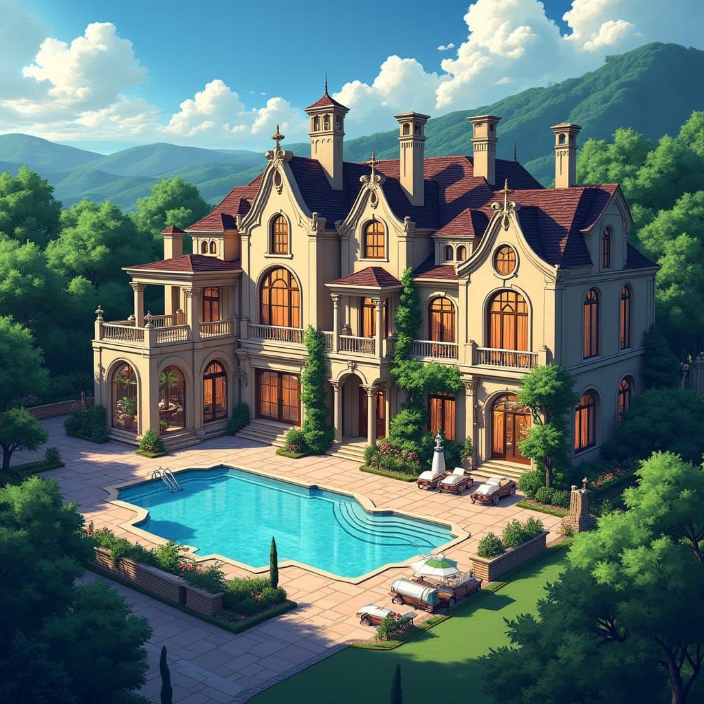 Anime Golden Mansion with Garden and Pool