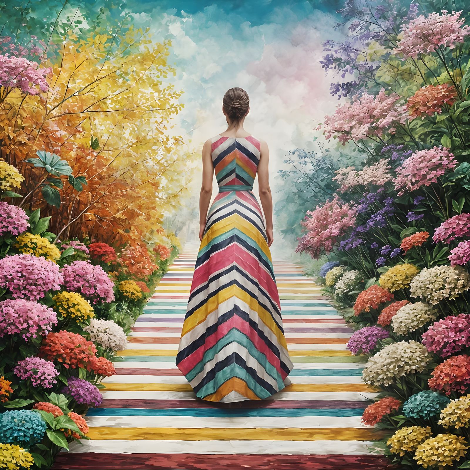 Elegant Striped Fashionista in Impressionist Masterpiece Sty...