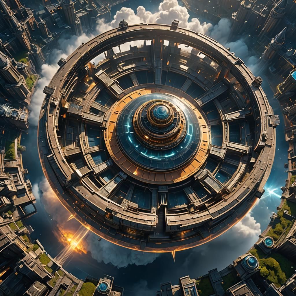 Floating City-Ship Drifting in Cosmic Aetherpunk Style