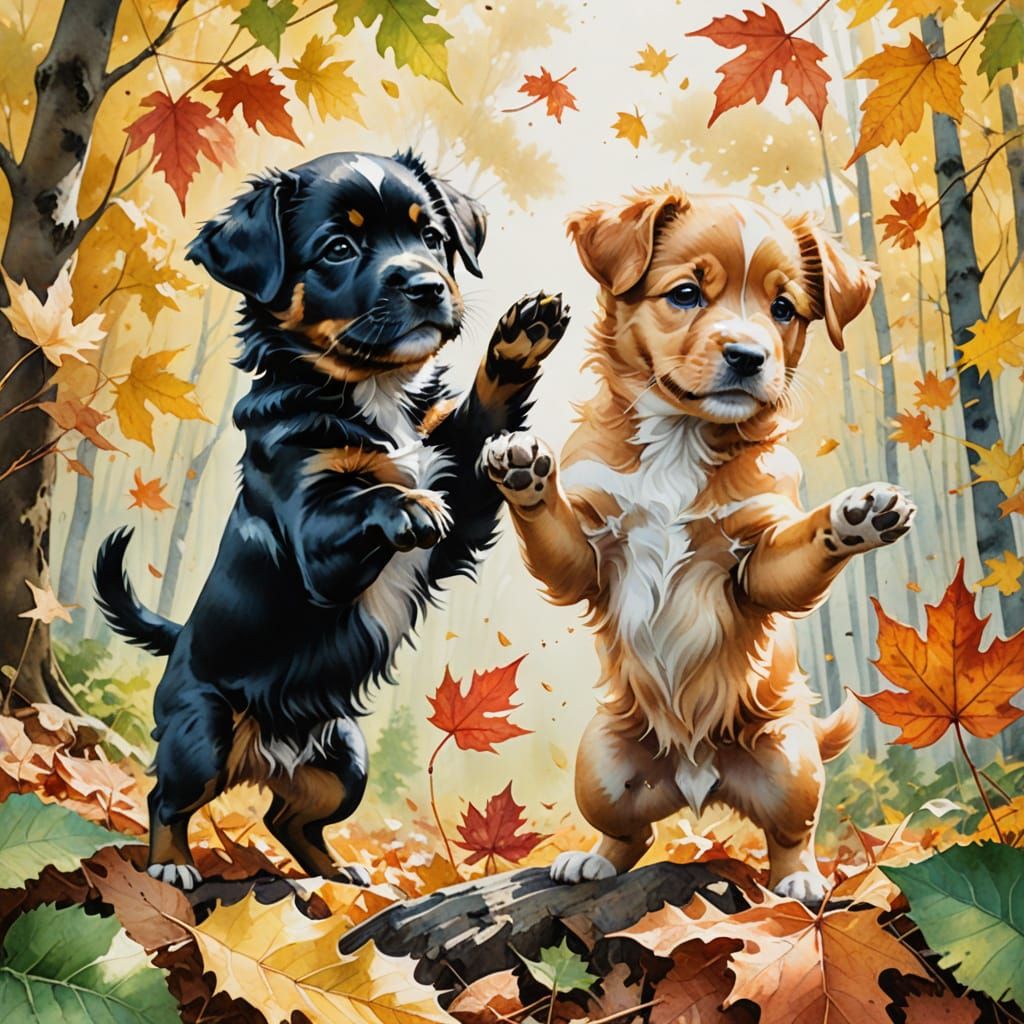 Cute Puppies Playing in Autumn Leaves Watercolor