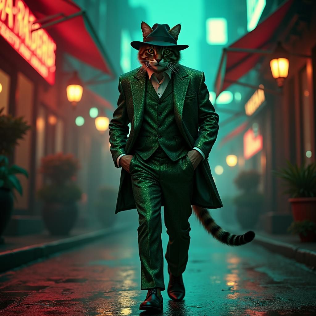 Cool Cat Strutting in Neon Cityscape