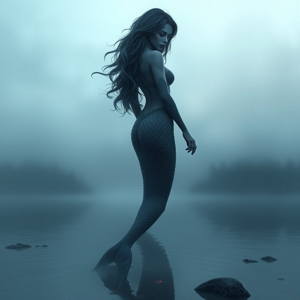 Mysterious Mermaid in Misty Lake, Fantasy Concept Art