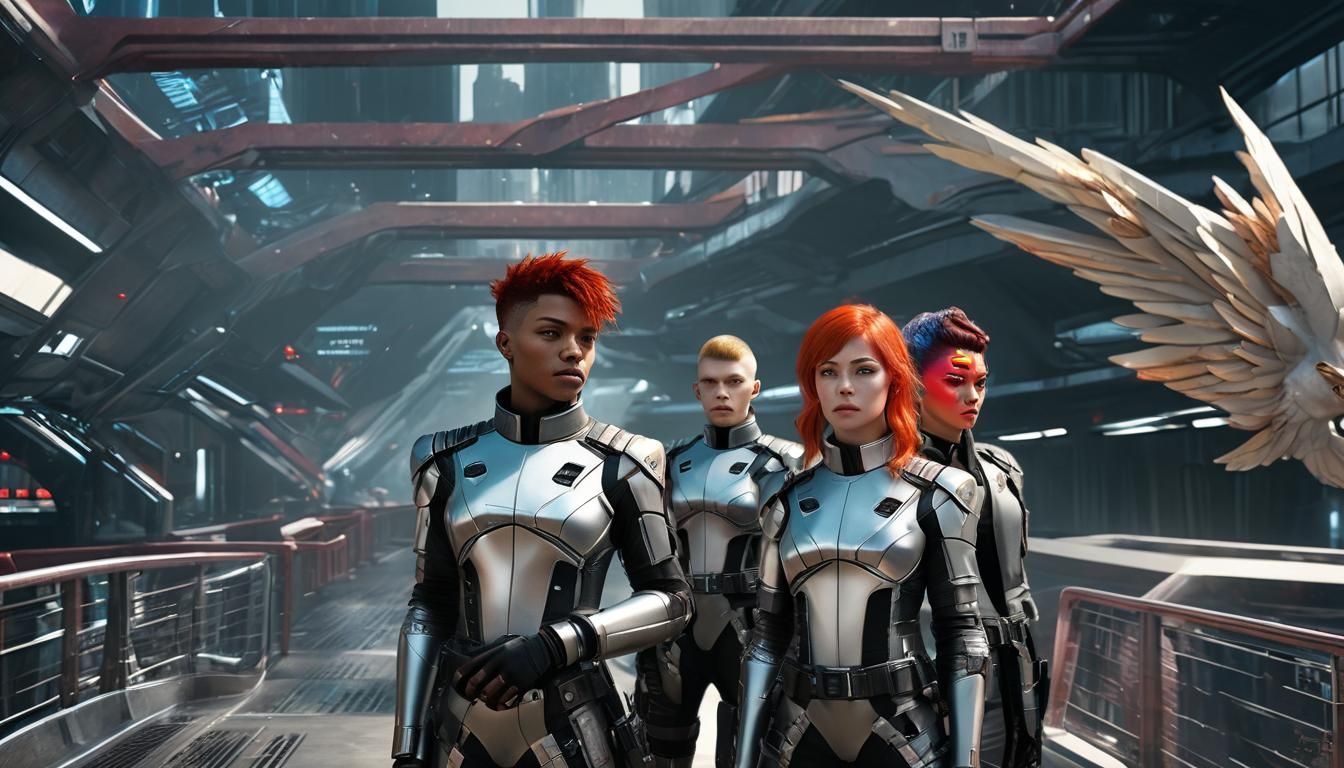 Starship Cadets in Cyberpunk Fashion on Spaceship Bridge