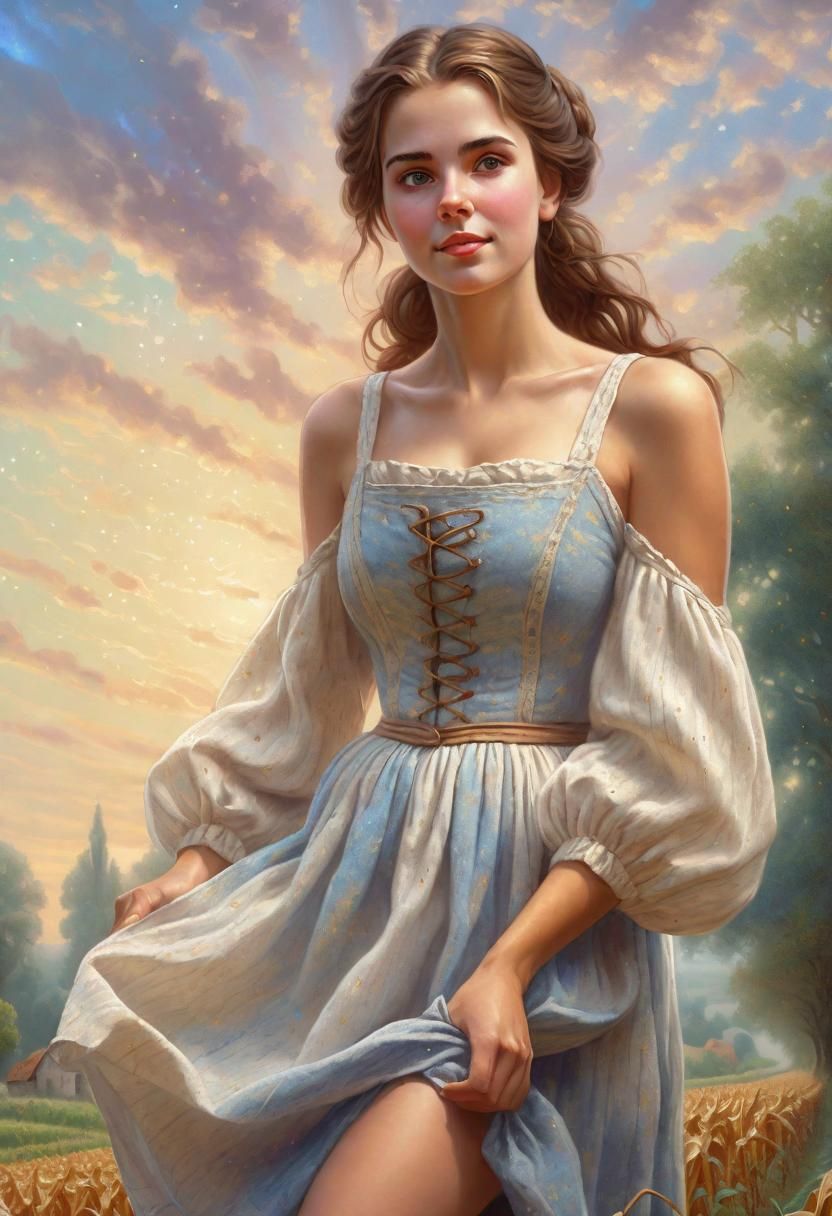 Medieval Woman Sowing Corn in Ethereal Landscape